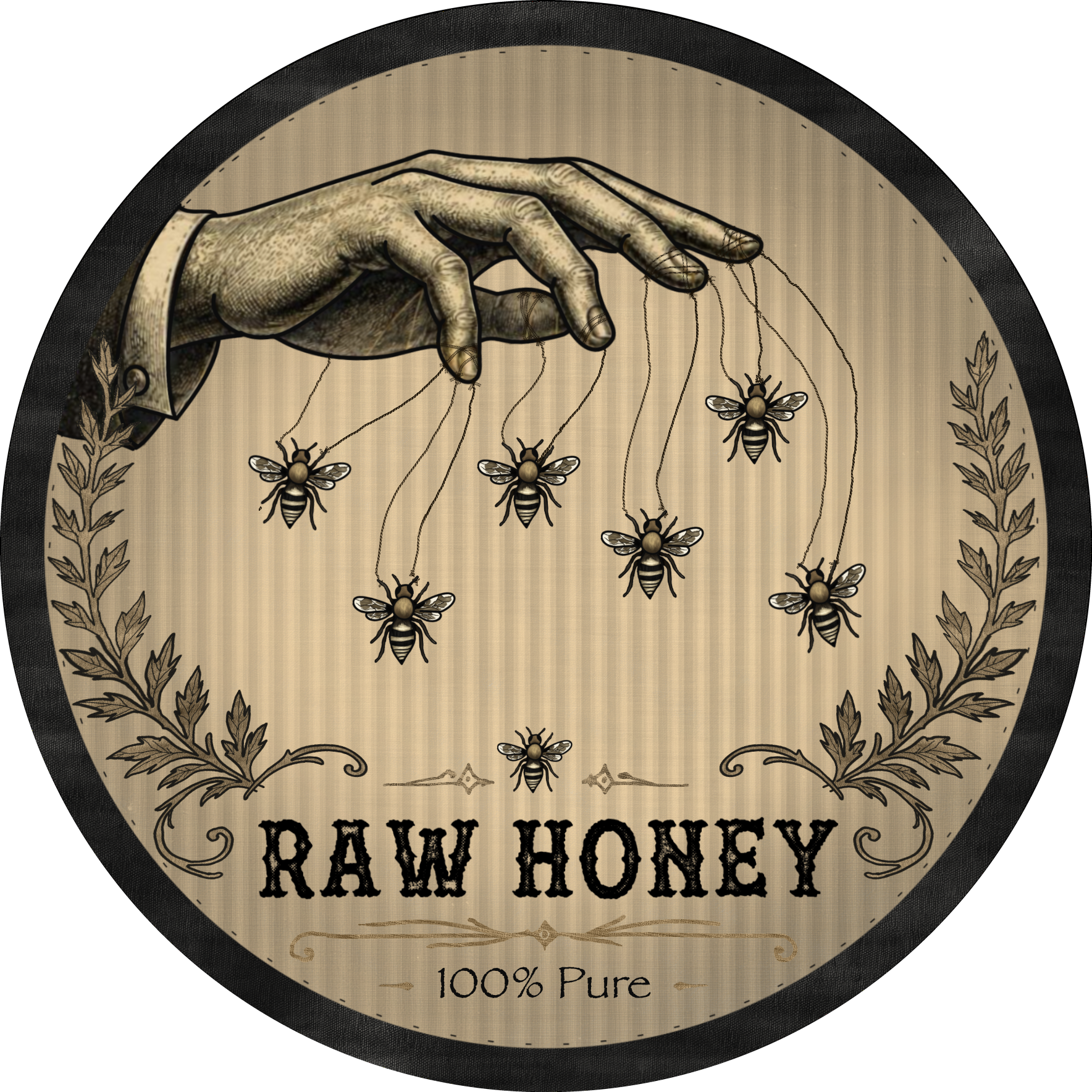40 Acre Farm raw honey badge: a hand holding bees on strings like marionettes